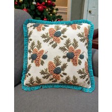 Yılbaşı Saçaklı Yeşil Çam Kozalaklı Kırlent Kılıfı 40*40 cm Yeniyıl - Noel - Christmas