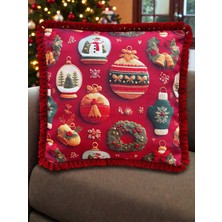 Yılbaşı Kırmızı Kar Küresi Top Saçaklı Çelenk Kırlent Kılıfı 40*40 cm Yeniyıl - Noel - Christmas