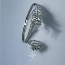 Defne Yaprağı Taş Dizimleri 925 Ayar Gümüş Kelepçe Bilezik Yüzük Seti