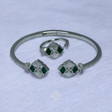 Yeşil Sedef Fransız Tasarım 925 Ayar Gümüş Kelepçe Bilezik Yüzük Seti