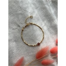 El Yapımı Gül Kuvars Doğal Taş Dorika Bileklik Altın Kaplama