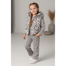 Miniğimin Cicileri Kürklü Leopar Yelekli  Kız Çocuk 3 Lü Takım - Gri