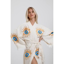Befera Design Müslin Kimono %100 Pamuklu Göz Baskılı Desenli Bornoz Kaftan Sabahlık