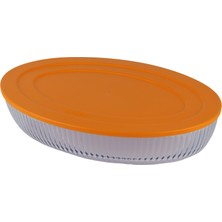 Borart Turuncu Plastik Kapaklı Optik Desenli Büyük Cam Oval Tepsi