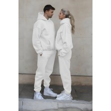 Yakamel Kadın-Erkek Çiftlere Özel Oversize Kapüşonlu Eşofman Takımı %53 Pamuk %47 Polyester Beyaz Renk