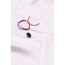 Doğal Taş Bileklik Seti – Siyah ve Kalsedon, Ayarlanabilir, Makrome Örme