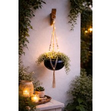 TAHAHAMAK Nirvana Makrome Seti   Ahşap Askı-Örgü Makrome-Saksı-Ve Peri LED 4 Parça Set