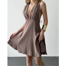 Elbise Kısa Sırtı Bağlamalı Quzu - Kahverengi - M