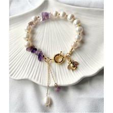 Doğal Inci ve Ametist Taşlı, Zirkon Arı Figürlü Kadın Bileklik