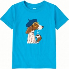 Colermi Pamuk Kumaş Çocuk Tişörtü – Kahve Içen Bereli Köpek Baskılı T-Shirt