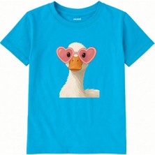 Colermi Pamuk Kumaş Çocuk Tişörtü – Kalpli Gözlüklü Kaz Baskılı Çocuk Tişörtü