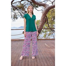 Monamise Kadın Desenli Kısa Kollu V Yaka Alt Üst Takım 25019