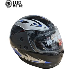 -Full Face Kask-Ithal-Siyah Mavi Desenli-Deri Boyunluklu-