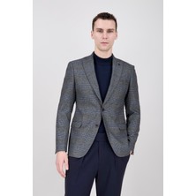Paco Romano Erkek Slim Fit Sivri Yaka Ekose Füme Ceket