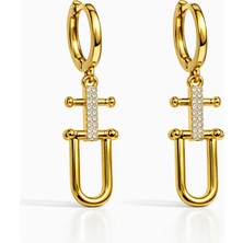 Toz Vintage Bavelle Gold Taşlı Zincir Detaylı Sallantılı Halka Vintage Retro Küpe