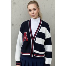 Lupinn Kadın Lacivert Beyaz Çizgili College - Kolej  Varsity Hırka – Şık Triko Ceket - Kadın Hırka