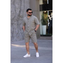 Blayn Jeans Çağla Yeşili Renk Gömlek Şort Erkek Keten Takım Oversize Kalıp