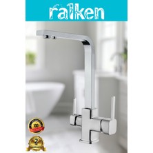 Ralken Arıtma, Sıcak, Soğuk Çıkış 3 Yollu Krom Lüx Kare Arıtmalı Eviye Mutfak Bataryası Musluğu Köşe Borulu