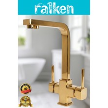 Ralken Arıtma, Sıcak, Soğuk Çıkış 3 Yollu Gold (Altın) Lüx Kare Arıtmalı Eviye Mutfak Bataryası Köşe Borulu