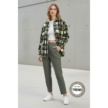 Lupinn Kadın Haki Ekose Oversize Peluş Gömlek Ceket – Yumuşak Dokulu, Kadın Polar Ceket