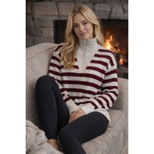 We&Me Kadın Dik Yaka Fermuarlı Boğazlı Çizgili Triko Kazak