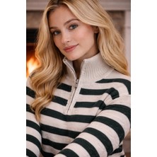 We&Me Kadın Dik Yaka Fermuarlı Boğazlı Çizgili Triko Kazak
