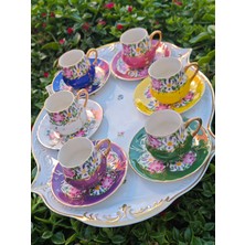 Manushum El Boyama Porselen 6lı Set Osmanlı Saray Kahve Fincan Takımı-6renk
