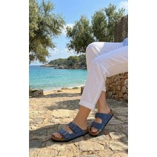 Nimara Anatomik Tabanlı Çift Tokalı Süet Dokulu Lacivert Kadın Terlik