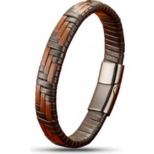 Kahve ve Siyah Deri Örgü ve Çelik Bileklik