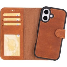 Sinerjim Apple iPhone 16 Plus uyumlu, Hakiki Deri, El Yapımı, Cüzdanlı Kılıf, Karamel
