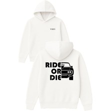 Vsrn Rıde Or Die Tasarım Baskılı Oversize Beyaz Kapüşonlu Sweatshirt