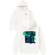 Vsrn Zombi Kedi Tasarım Baskılı Oversize Beyaz Kapüşonlu Sweatshirt