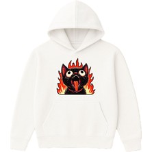 Vsrn Alevli Kedi Tasarım Baskılı Oversize Beyaz Kapüşonlu Sweatshirt