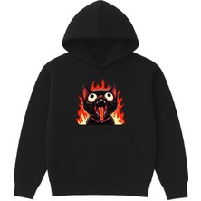 Vsrn Alevli Kedi Tasarım Baskılı Oversize Siyah Kapüşonlu Sweatshirt