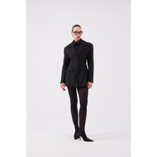 Holly Lolly Belden Oturmalı Çizgili Fit Kesim Karen Blazer Ceket Siyah