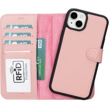 Sinerjim Apple iPhone 15 Plus Uyumlu Deri Cüzdanlı Kılıf MWWN NU2 Pembe