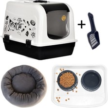 Feyza Design Xxl Maxi Siyah Kapalı Kedi Tuvaleti, Gri Yatak ve Mama Seti