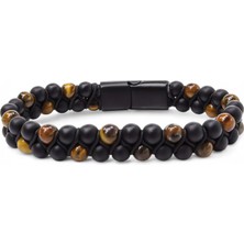 Kaplan Gözü ve Oniks Doğaltaş ve Çelik Halatlı Erkek Bileklik