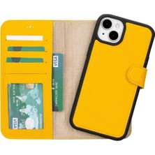 Sinerjim Apple iPhone 15 Plus Uyumlu Deri Cüzdanlı Kılıf MWWN FL12 Sarı