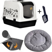 Feyza Design Kapalı Maxi Kedi Tuvalet Kabı, Üsten Açılır, Kauçuk Paspas ve Simit Yatak