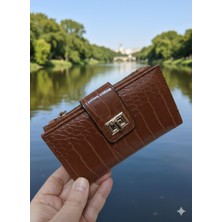 Newish Polo Telefon Bölmeli Klipsli Fermuarlı Portföy Cüzdan Orta Boy- Krokodil Suni Deri