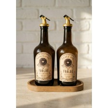 Home Ahşap Stantlı 2'li Amber Gold Tıpalı 500 ml Cam Ayçiçek Yağı Zeytinyağı Şişesi Yağdanlık