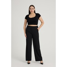 Gül Moda Siyah Yüksek Bel Büyük Beden Likralı Penye Pantolon Düz Cepli G111-2