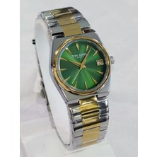 Tom Jones Çelik Kordonlu, Altın  Sarılı, Kadranı Yeşil, Takvimli, Su Geçirmez, 2 Yıl Garantili Kadın Kol Saati