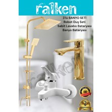 Ralken 3'lü Gold Banyo Seti; Gold (Altın) Robot Duş Seti, Beyaz Banyo Bataryası ve Sabit Lavabo Bataryası - Yağmurlama Tepe Duş Takımı