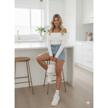 Beyaz Seksi Gündelik Zarif Bluz