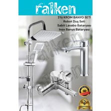 Ralken 3'lü Banyo Seti; Krom Robot Duş Seti, Inox Banyo Bataryası ve Sabit Lavabo Bataryası - Yağmurlama Tepe Duş Takımı