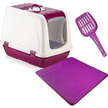 Feyza Design Mor Büyük Kapalı Kedi Tuvaleti, Elekli ve Paspas Hediye, Türkiye Yapımı