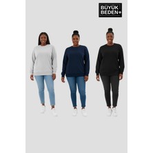 Superlife Kadın Büyük Beden Ikili Bisiklet Yaka 3'lü Set -Rahat Kalıp Ince Sweatshirt SPR26BSW956+3