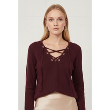 Lupinn Kadın Bordo V Yaka Bağcıklı - Bağlamalı Ipeksi Yumuşaklıkta Triko Bluz - Yeni Sezon Kadın Kazak